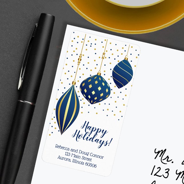 Etiqueta Feriado de pontos e Enfeites de natal Dourados azu (Blue and gold Christmas tree ornaments holiday return address labels)