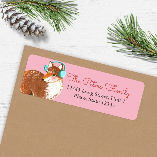 Etiqueta Feriado de Raposa Rosa Fresca Fresco Fresco (Cute Pink Fox Animal Holiday Christmas Label)