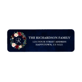 Etiqueta Feriado Floral, Monograma, Endereço Azul