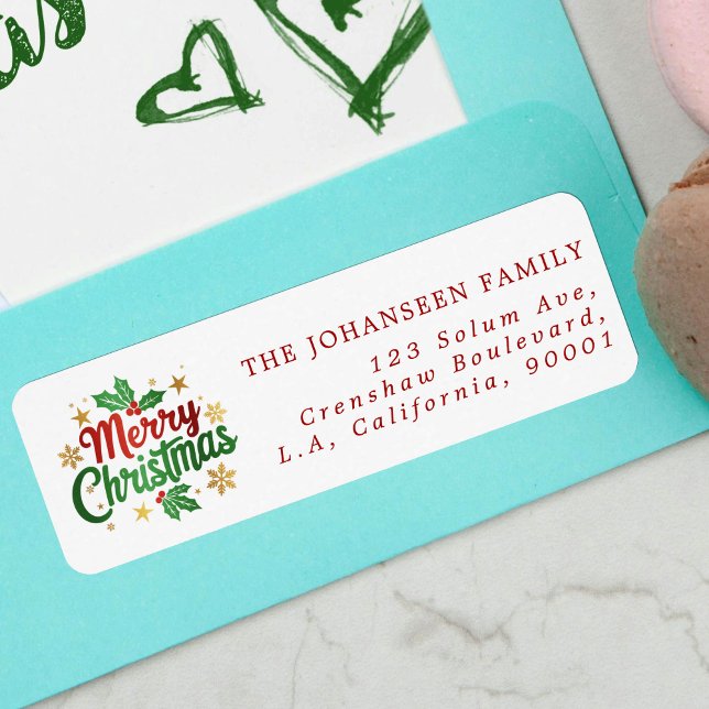 Etiqueta Feriado Moderno Feliz Natal Holly Berry Família (Criador carregado)