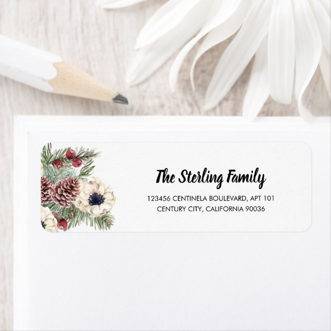 Etiqueta Feriado Winter Floral Pine Cone Holly Berries (Insitu)