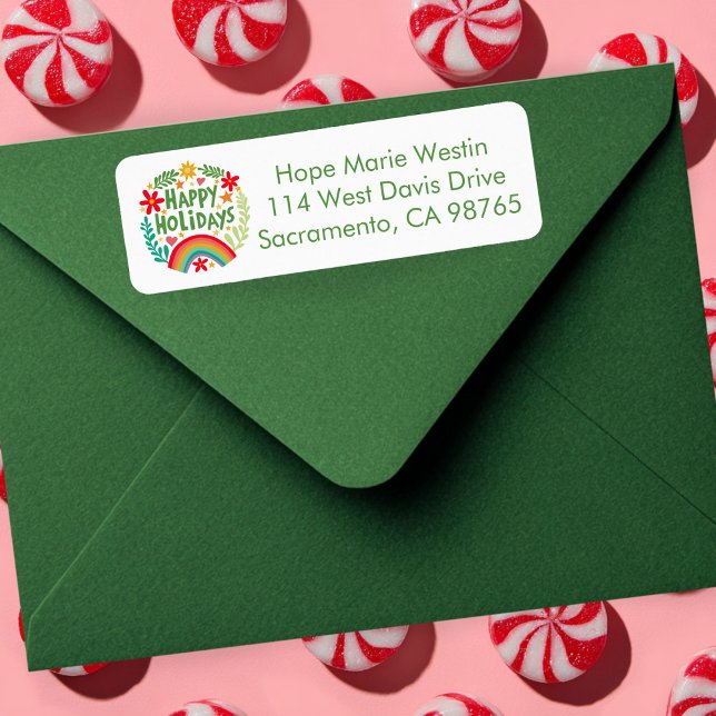 Etiqueta Feriados Felizes Arco-Íris Endereço de Devolução R (Happy Holidays Cute Colorful Rainbow Hand-drawn CUSTOM Return Address Label
)