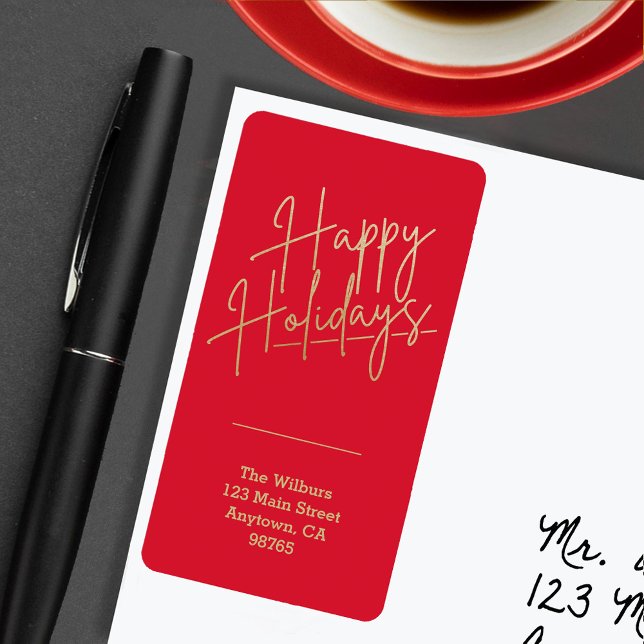 Etiqueta Feriados Felizes Dourados Endereço de retorno verm (Gold script Happy Holidays on red vertical return address labels)