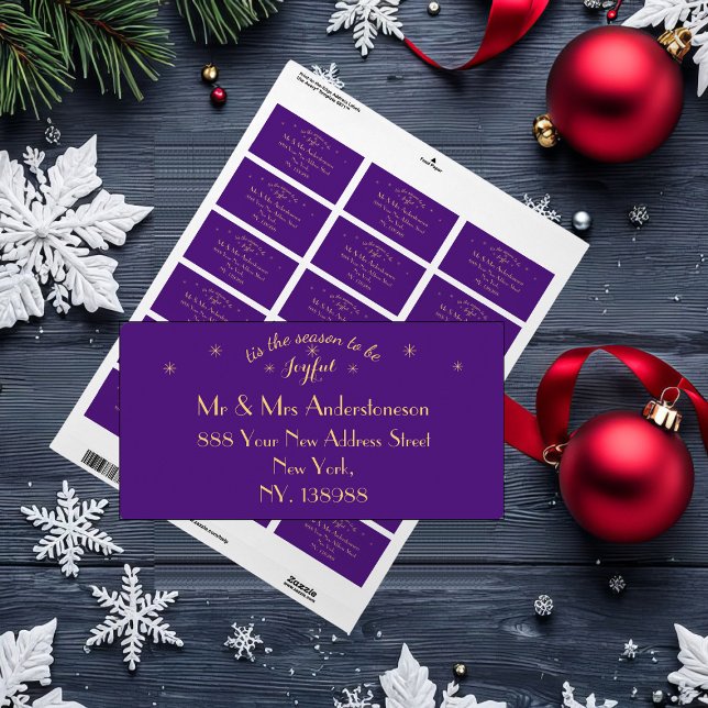 Etiqueta Férias "É a época de ser Alegre" Endereço (Joyful Purple & Gold 'tis the season' mailing labels. Perfect for gift tagging, mailing and labeling)