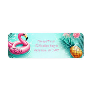 Etiqueta Festa de Piscina de Verão de Flamingo e Abacaxi