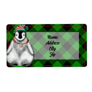 Etiqueta Festas festivas bonitas xadrez verde pinguim