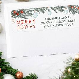 Etiqueta Festivo Evergreen Red Berries Watercolor Natal