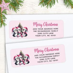 Etiqueta Festivo Feliz Natal Três Pinguins Gelados Rosa