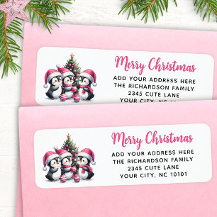 Etiqueta Festivo Rosa Feliz Natal Três Pinguins Bonitos