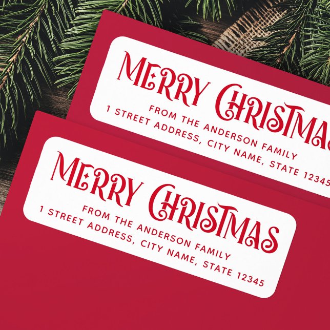 Etiqueta Festivo vermelho e branco Morada de Natal (Red & white festive Merry Christmas return address Label)