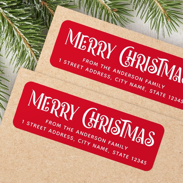 Etiqueta Festivo vermelho e branco Morada de Natal (Red & white festive Merry Christmas return address Label)