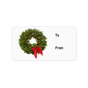 Etiqueta Fir Wreath com ferraduras Douradas e Arco vermelho