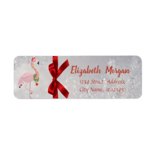 Etiqueta Flamingo Com Chapéu de Papai Noel Prata, Laço Verm