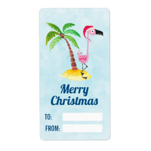Etiqueta Flamingo Rosa no Natal Vermelho