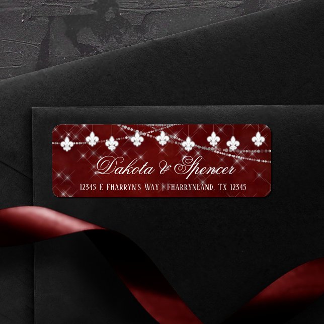 Etiqueta Fleur de Lis Dark Red Lights | Endereço Elegante (Criador carregado)