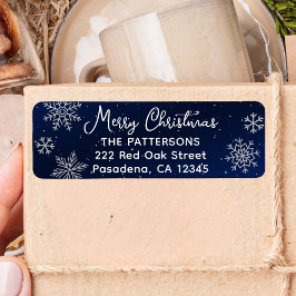 Etiqueta Flocos de neve prateados elegantes no Natal Azul