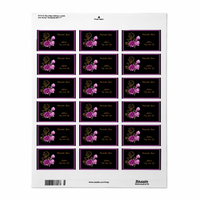 Etiqueta Flor Dourada Roxo Elegante (Toda a folha)