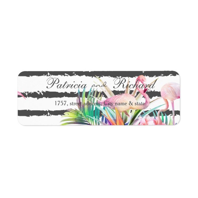 Etiqueta Flor tropical flamingos stripes design de casament (Frente)