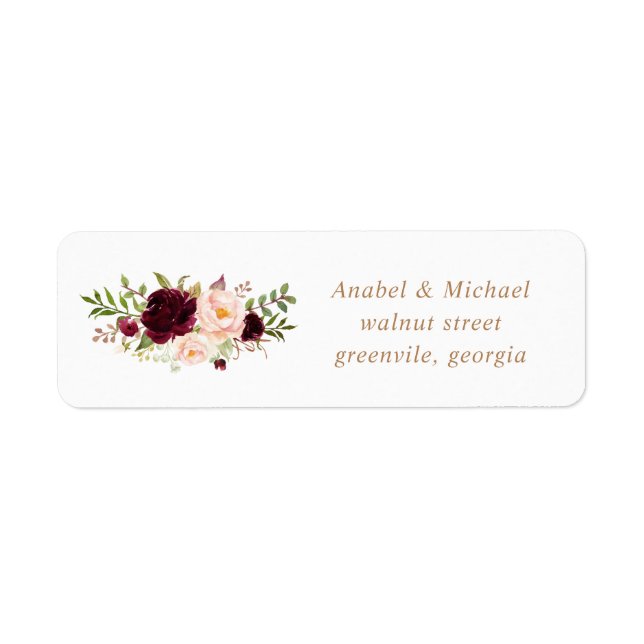 Etiqueta Floral Blush Burgundy Endereço de Casamento Elegan (Frente)