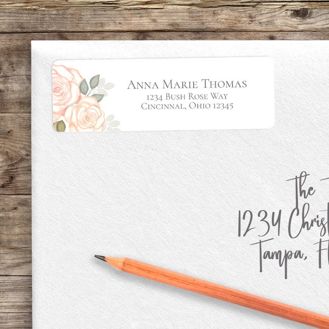 Etiqueta Floral de Aquarela Simples (Blue floral return address label with peach floral roses. )