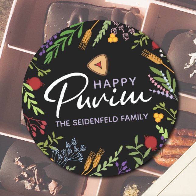 Etiqueta Floral Personalizada de Purim Feliz a Pre (Criador carregado)