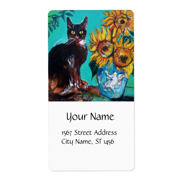 ETIQUETA FLORES COM GATO PRETO EM BRANCO AZUL (Frente)