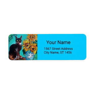 ETIQUETA FLORES COM GATO PRETO EM TURQUOISMO AZUL