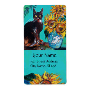 ETIQUETA FLORES COM GATO PRETO EM TURQUOSE AZUL