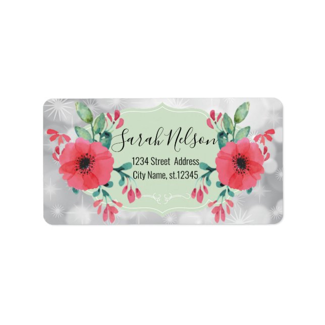 Etiqueta Flores de Aquarela Modernas, Rótulo Silver Sparkly (Frente)