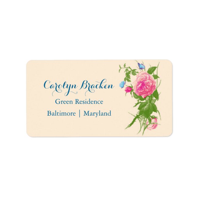 Etiqueta Flores De Vintagem Chic | ROSAS | Borboleta (Frente)