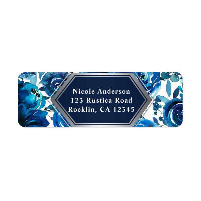 Etiqueta Flores Florais Índigo Azul Elegantes Chic Casament (Frente)