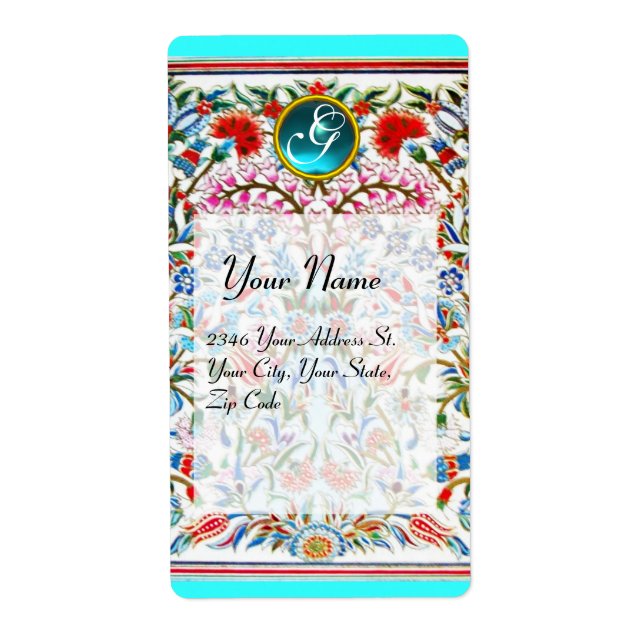 Etiqueta FLORES ORIENTAIS DAMASK MONOGRAM Blue Turquase (Frente)