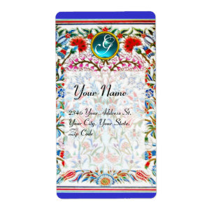 Etiqueta FLORES ORIENTAIS DAMASK MONOGRAMA azul vermelho