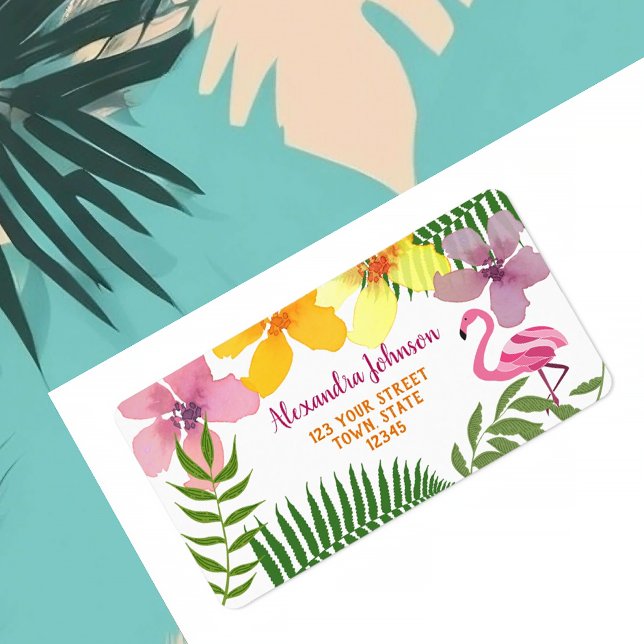 Etiqueta Flores Tropicais Flamingo Endereço de Remetente (Criador carregado)