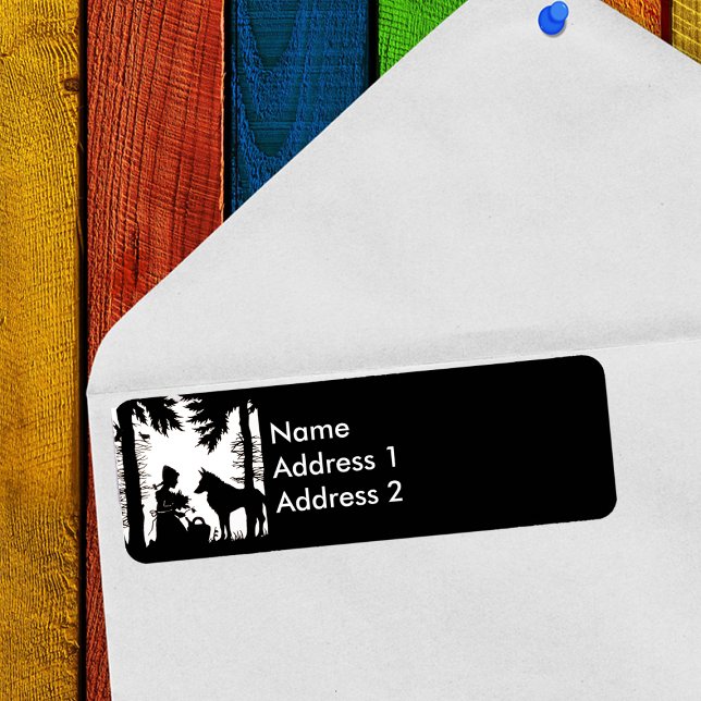 Etiqueta Florestas de Lobo de Capuchos Vermelho-Silhueta Pr (Little Red Riding Hood under trees woods black and white return address labels.)