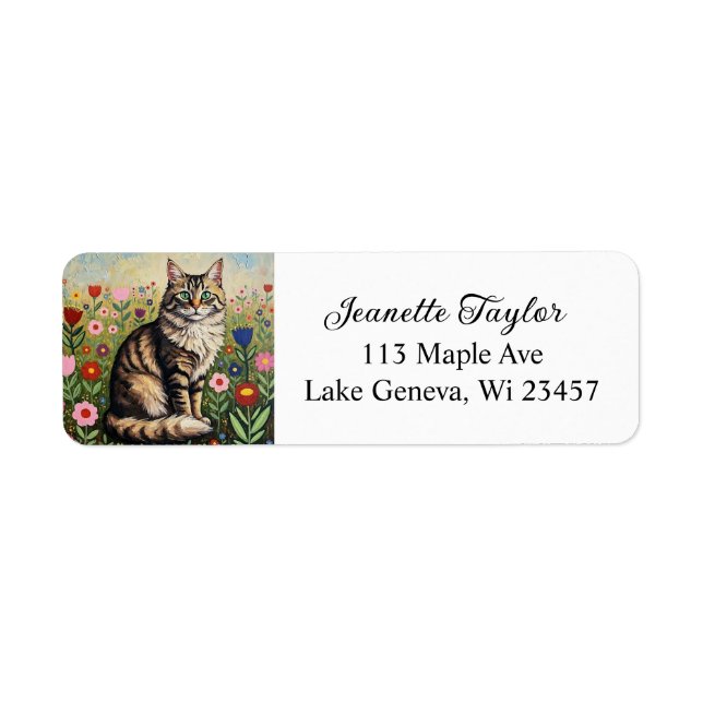 Etiqueta Fluffy Gray Tabby Cat and Folk Art Flowers (Frente)