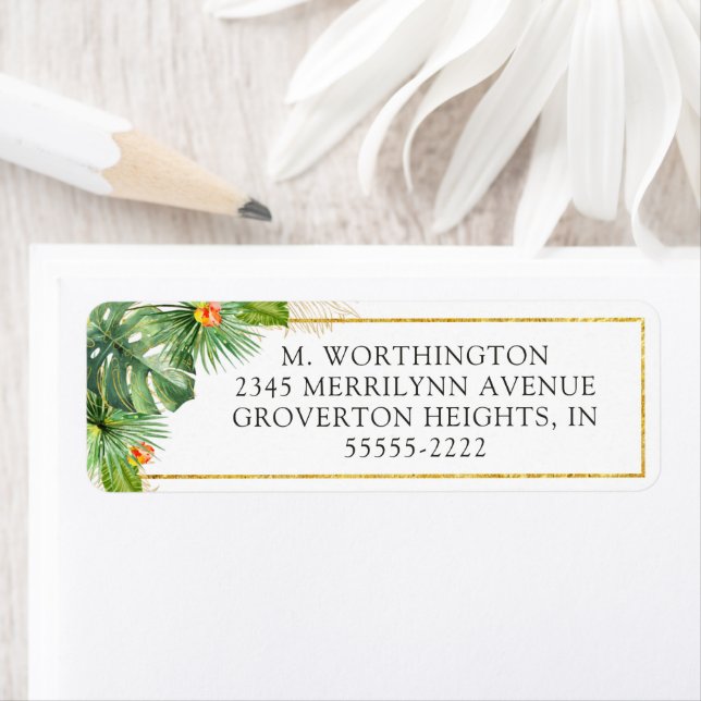 Etiqueta Folhagem Floral Tropical em Aquarela Dourada (Insitu)