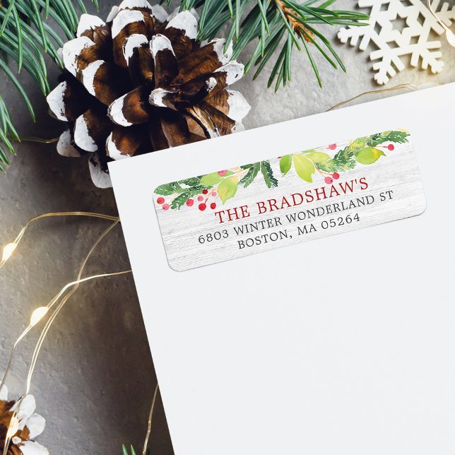 Etiqueta Folhagens Festivas de Natal com Bagas Endereço de  (Festive Christmas Greenery Berries Return Address Label)