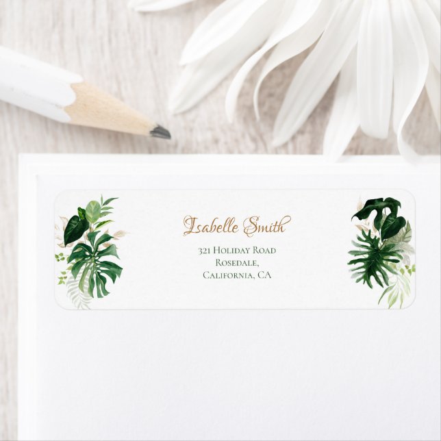 Etiqueta Folhas de Monstera Verde & Dourado Tropical RSVP R (Insitu)