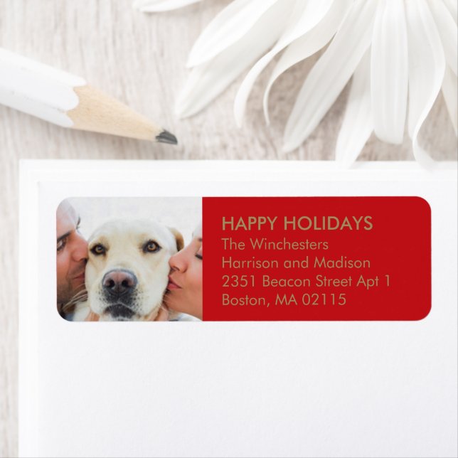 Etiqueta Foto da família de Natal - ouro vermelho moderno (Insitu)