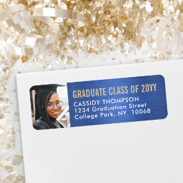 Etiqueta Foto de Graduação Endereço Azul Dourado e Branco d