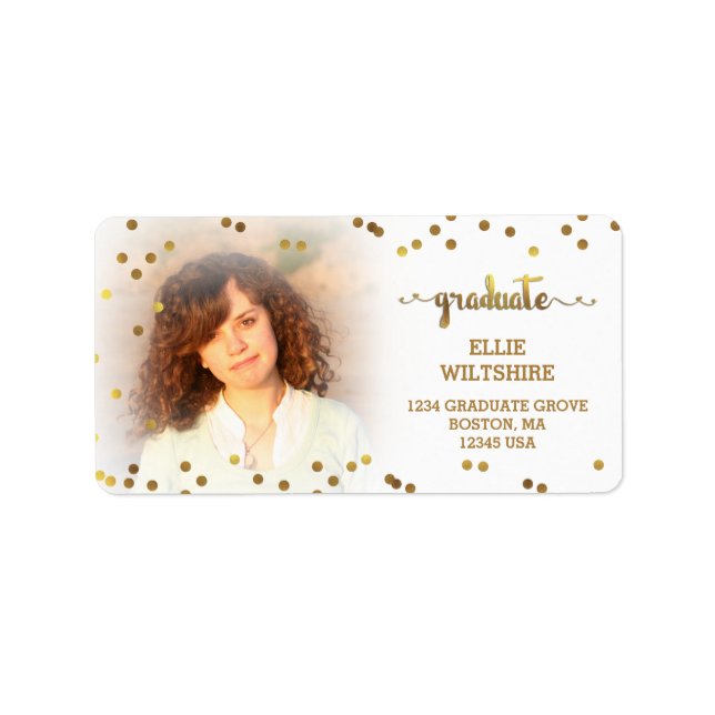 Etiqueta Foto de Graduação Faux Gold Foil Confetti (Frente)