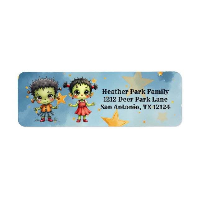 Etiqueta Frankenstein de Halloween Menino e Menina (Frente)