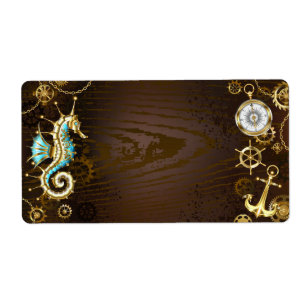 Etiqueta Fundo de madeira com cavalo de mar mecânico