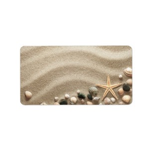 Etiqueta Fundo do Sandy Beach com escudos e estrela do mar