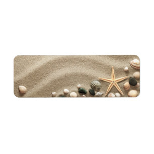 Etiqueta Fundo do Sandy Beach com escudos e estrela do mar