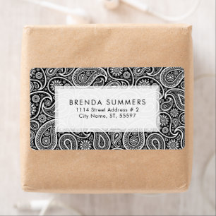 Etiqueta Fundo Preto Personalizado de Paisley Branco