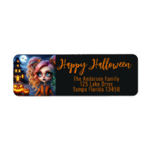 Garota animada, casa assombrada e abóboras