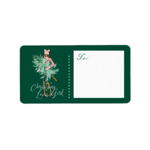 Etiqueta Garota d'água segurando árvore de Natal verde