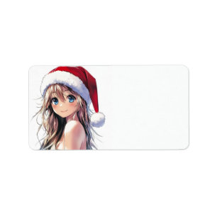 Etiqueta Garota Festiva Santa Hat com Olhos Azuis Brilhante